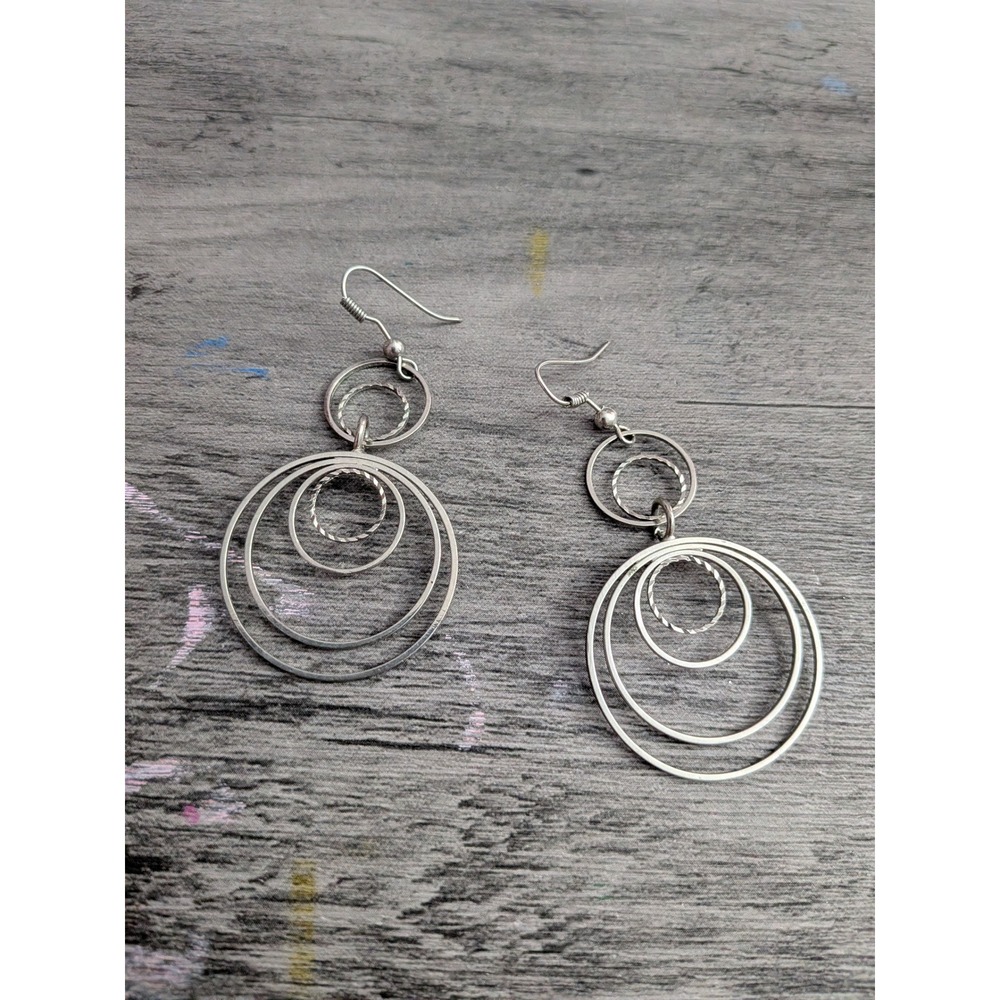 Silver Tone Multi Hoop Drop Earrings Tiered Concentric Circle Dangles